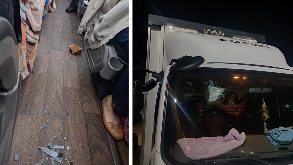 &Ocirc;nibus e caminh&atilde;o atingidos por pedras na BR-050 &mdash; Foto: PRF/Divulga&ccedil;&atilde;o