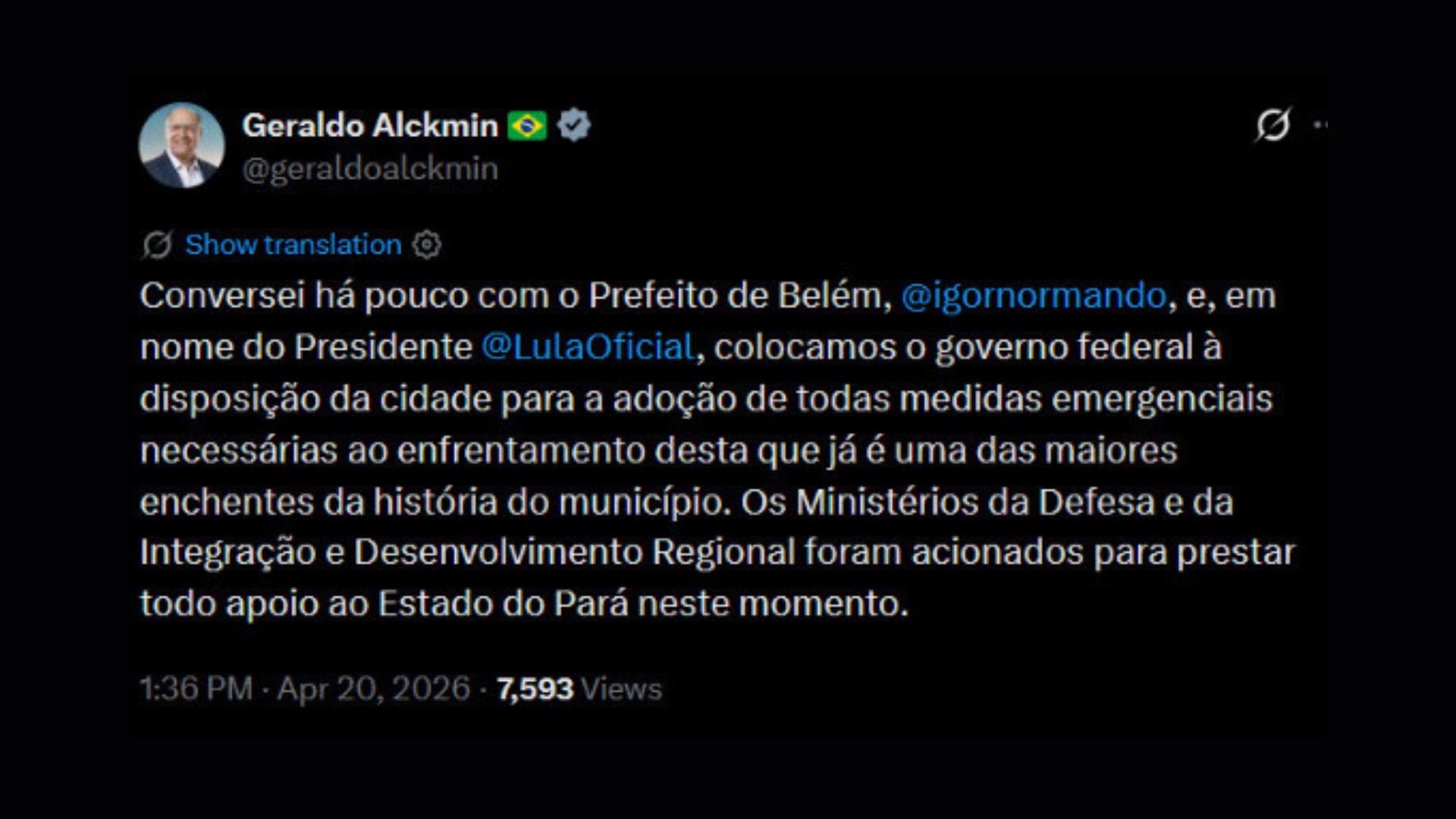 Alckmin coloca governo federal à disposição do PA após 'uma das maiores enchentes da história' de Belém