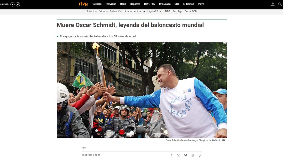 TV espanhola noticia morte de Oscar Schmidt — Foto: Reprodução