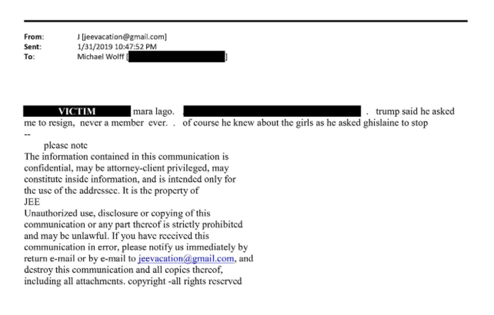 Cópia de e-mail em que Jeffrey Epstein diz que Donald Trump 'sabia sobre as garotas', em possível referência a rede de exploração sexual. — Foto: Divulgação/ Democratas da Comissão de Supervisão do Congresso dos EUA