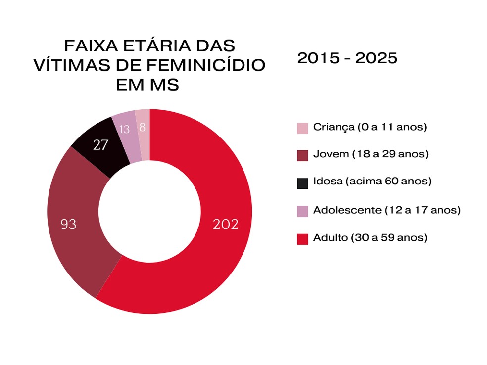 Mulheres jovens e de até 59 anos são as principais vítimas de feminicídio em MS na última década. Fonte: Sejusp e PJMS — Foto: g1 MS