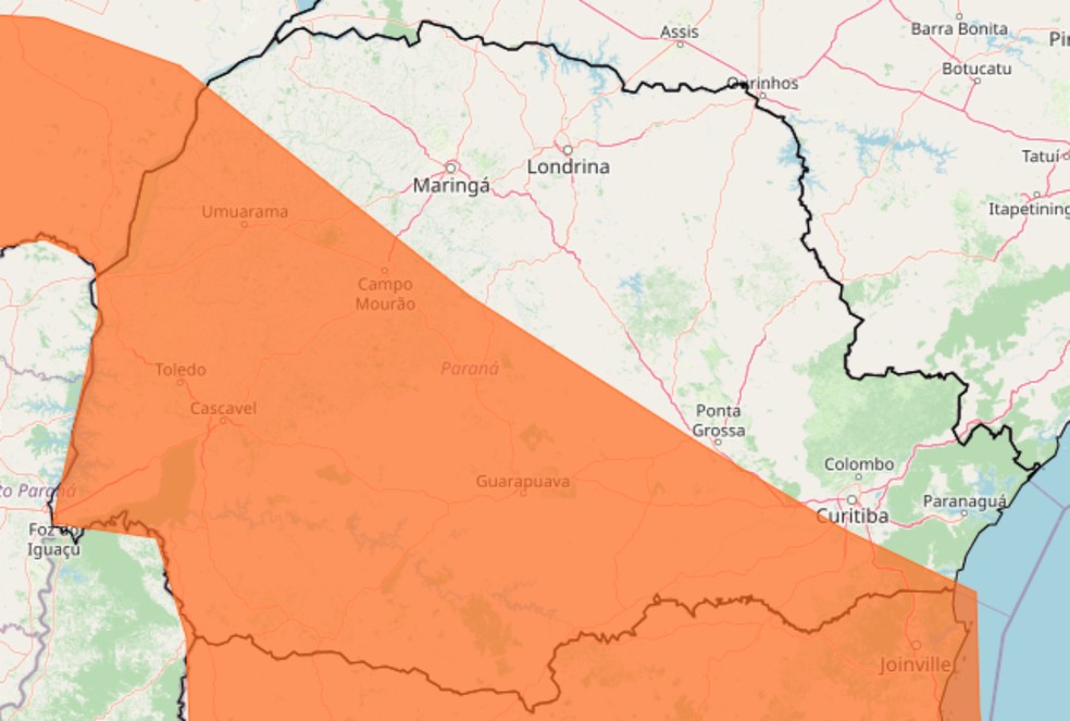 Alerta laranja avisa regiões de tempestades no Paraná. — Foto: Reprodução/Inmet