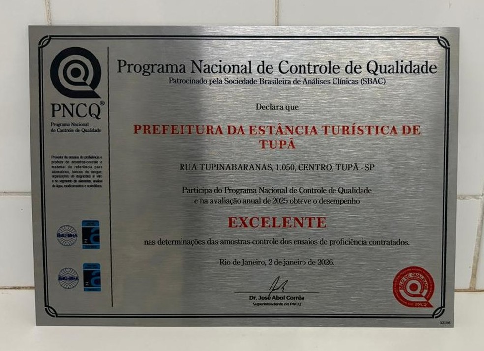 1 de 1
certificado de excelência concedida pelo PNCQ. — Foto: Prefeitura de Tupã/Divulgação