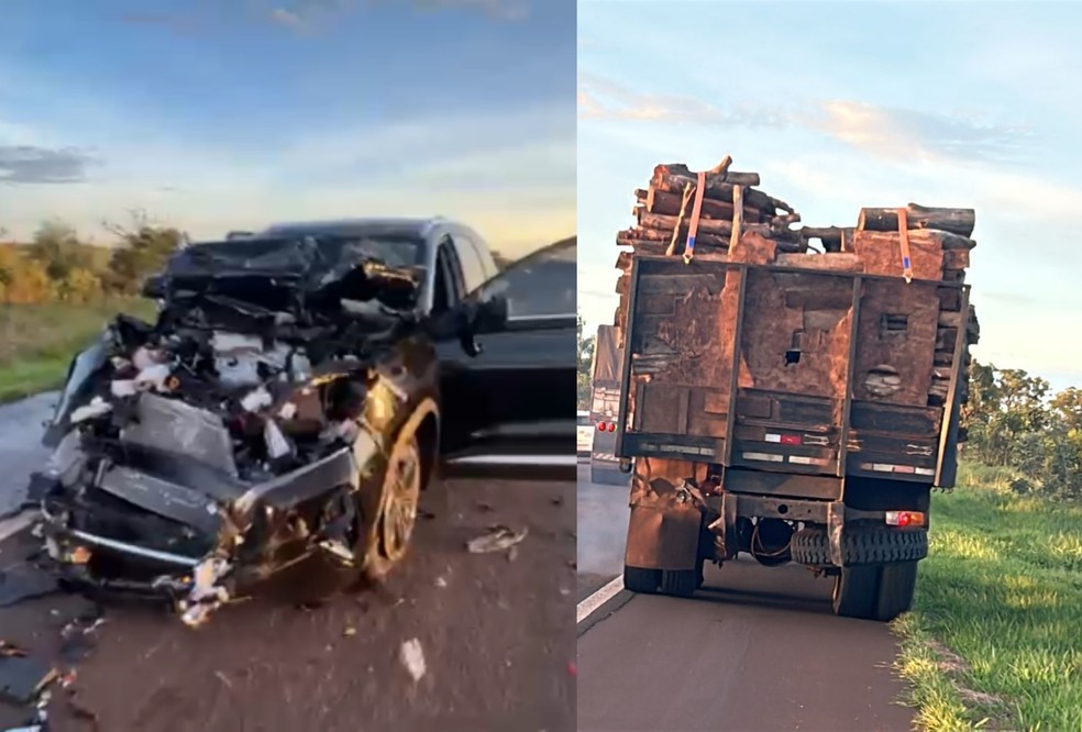 Carro atinge traseira de caminh&atilde;o e motorista fica preso &agrave;s ferragens em MS &mdash; Foto: Corpo de Bombeiros Militar