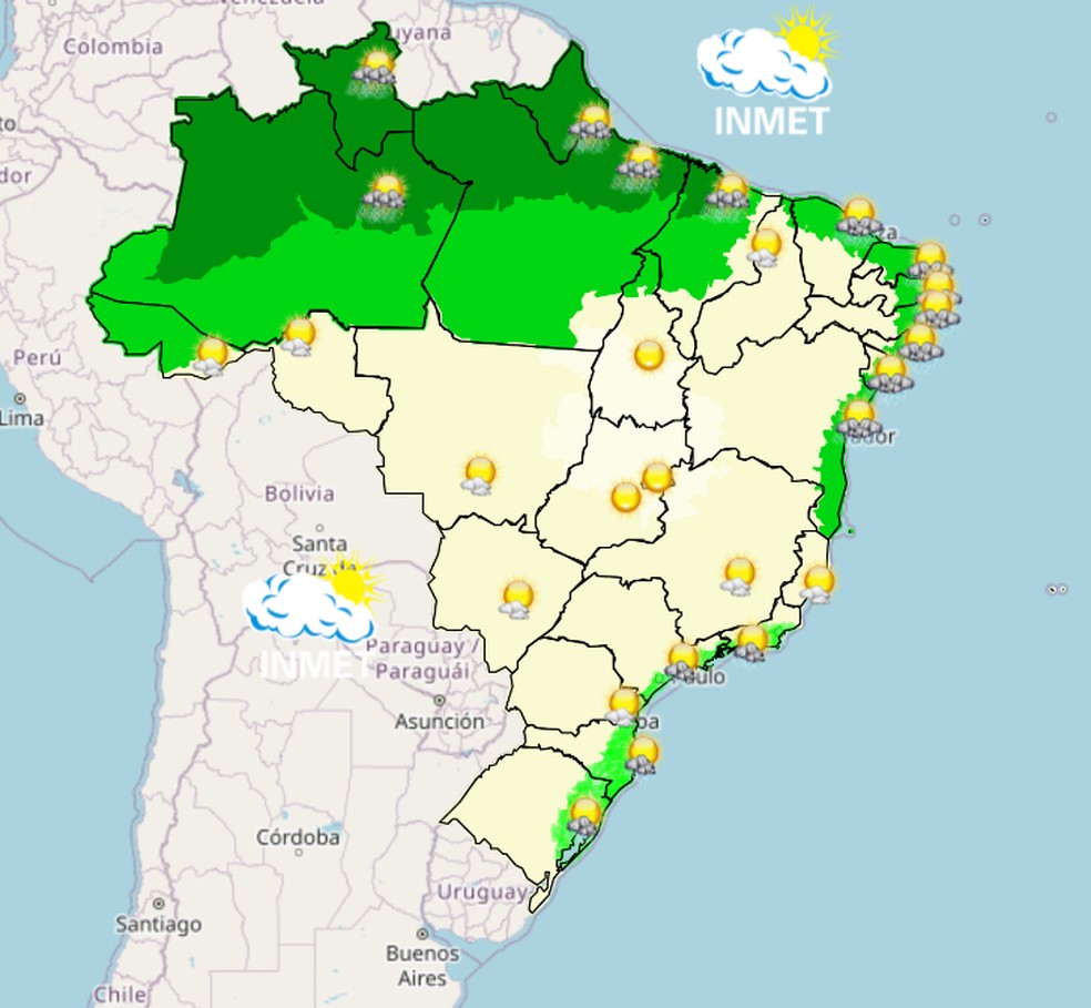 Mapa mostra previsão de chuva para esta quinta-feira (14) em todo o Brasil. — Foto: Inmet/Reprodução