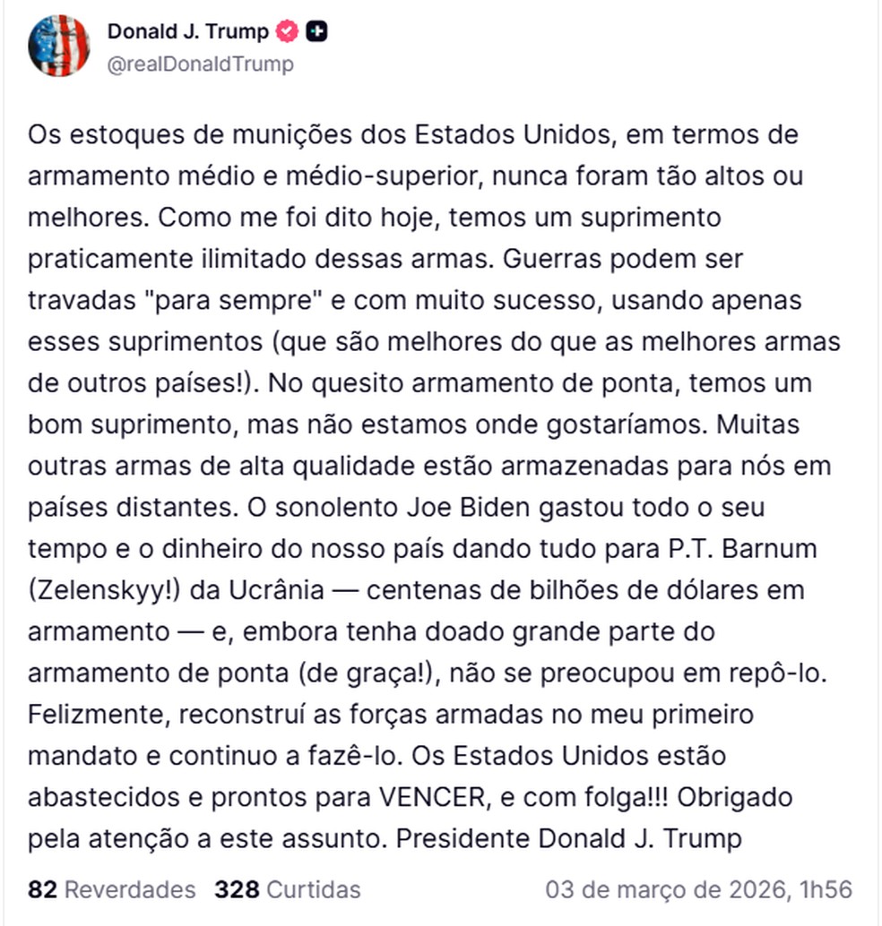 Trump critica Biden ao mencionar falta de 'armamento de ponta' — Foto: Reprodução/Truth Social