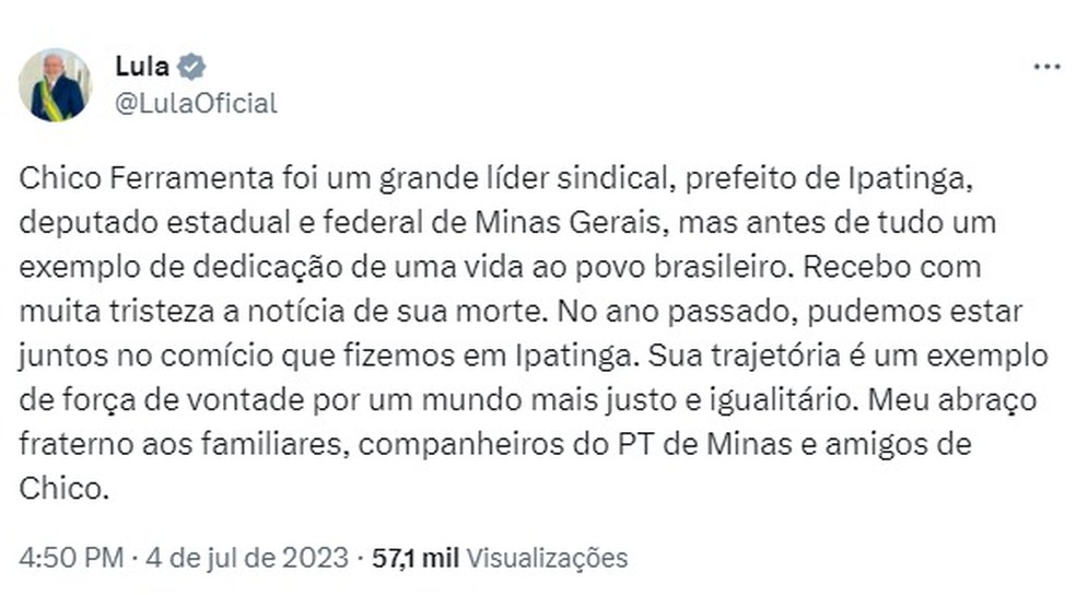Em uma rede social, Lula falou sobre a morte do ex-prefeito.  — Foto: Redes sociais/Lula