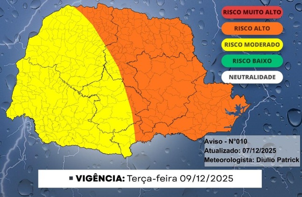 Aviso meteorológico do Simepar — Foto: Reprodução/Simepar