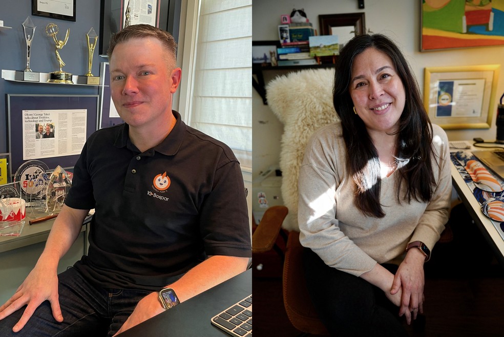 Curtis Sparrer e Heather Happe defendem o teletrabalho — Foto: Julie JAMMOT e Agnes BUN / AFP