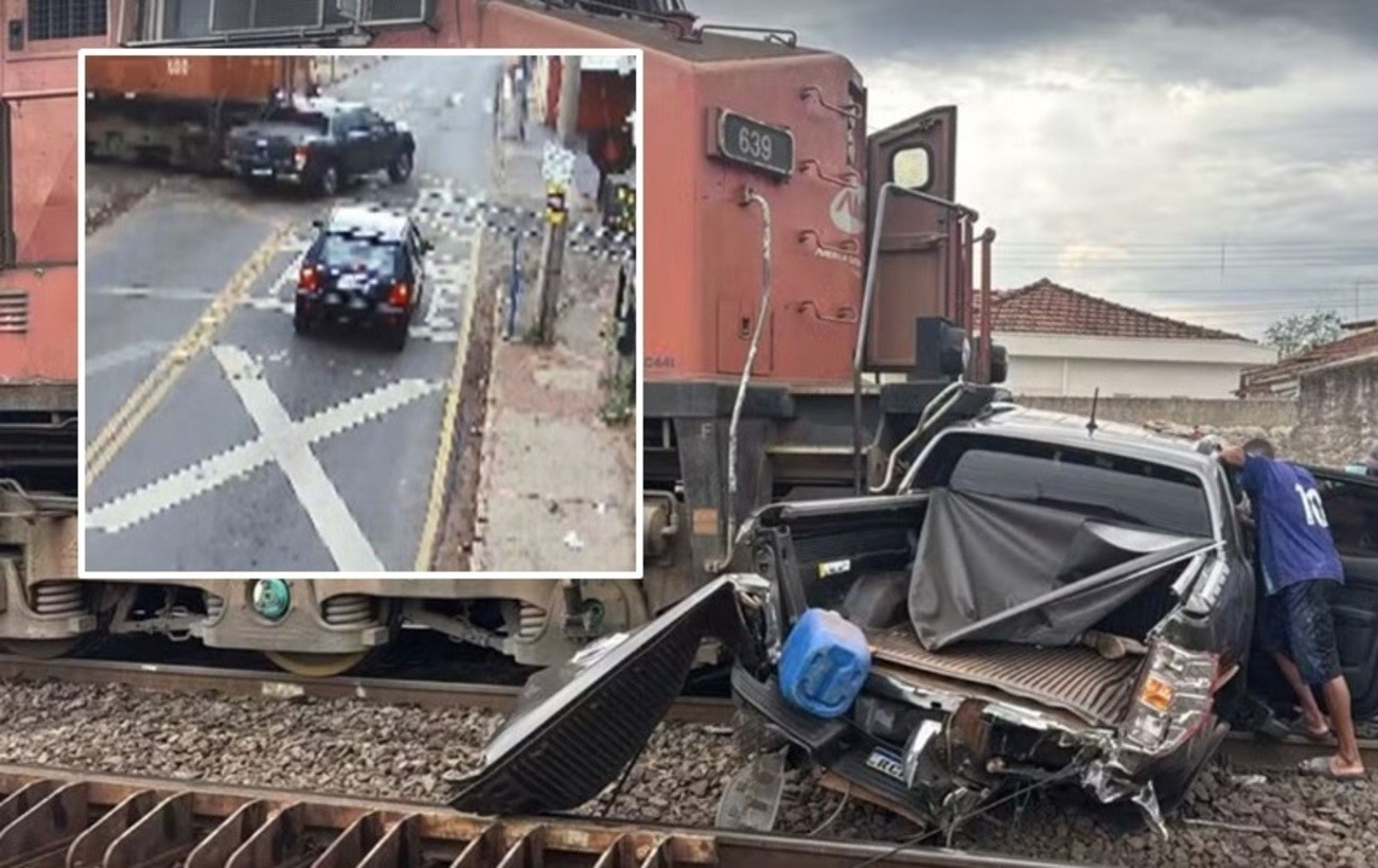 VÍDEO: Caminhonete é arrastada por trem e motorista fica preso às  ferragens no interior de SP