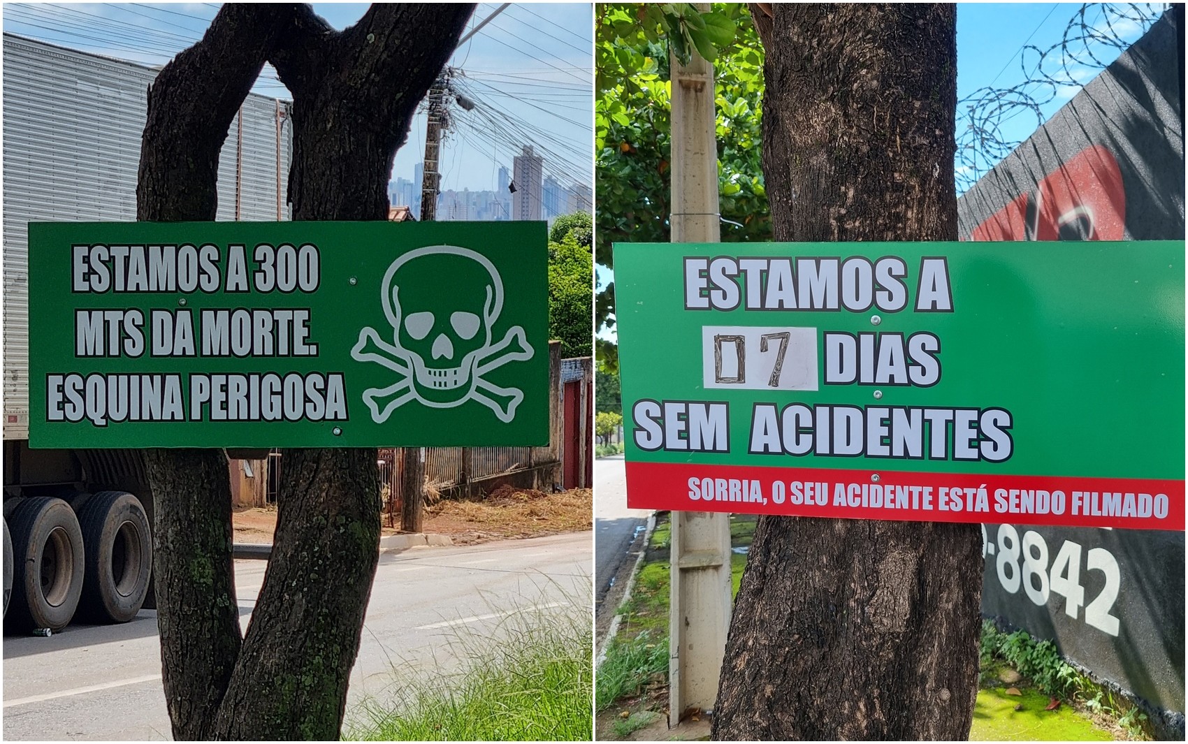 Morador faz placa para chamar a atenção para cruzamento com histórico de acidentes, em Goiânia: 'A 300 metros da morte'
