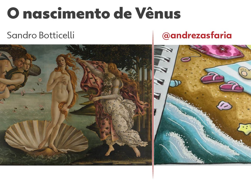 Lado a lado de "O nascimento de Vênus" e uma pintura de Bobbie Goods de @andrezafaria — Foto: Arte: Gui Souza/g1
