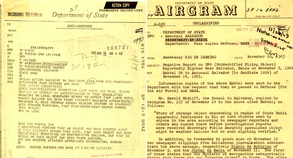 Correspond&ecirc;ncia trocada entre o Departamento de Estado dos EUA e o Consulado americano no Rio de Janeiro sobre investiga&ccedil;&atilde;o de 1963 sobre suposto avistamento de OVNI na Bahia &mdash; Foto: Departamento de Guerra dos EUA / Divulga&ccedil;&atilde;o