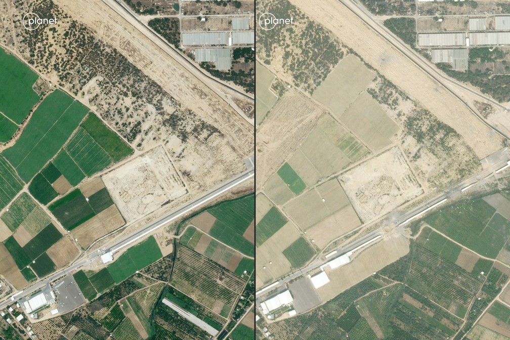 Montagem com imagens de satélite mostra a passagem de Erez na fronteira Israel-Gaza em 5 de junho de 2023 (esquerda) e em 8 de outubro de 2023 (direita) — Foto: Planet Labs PBC/AFP