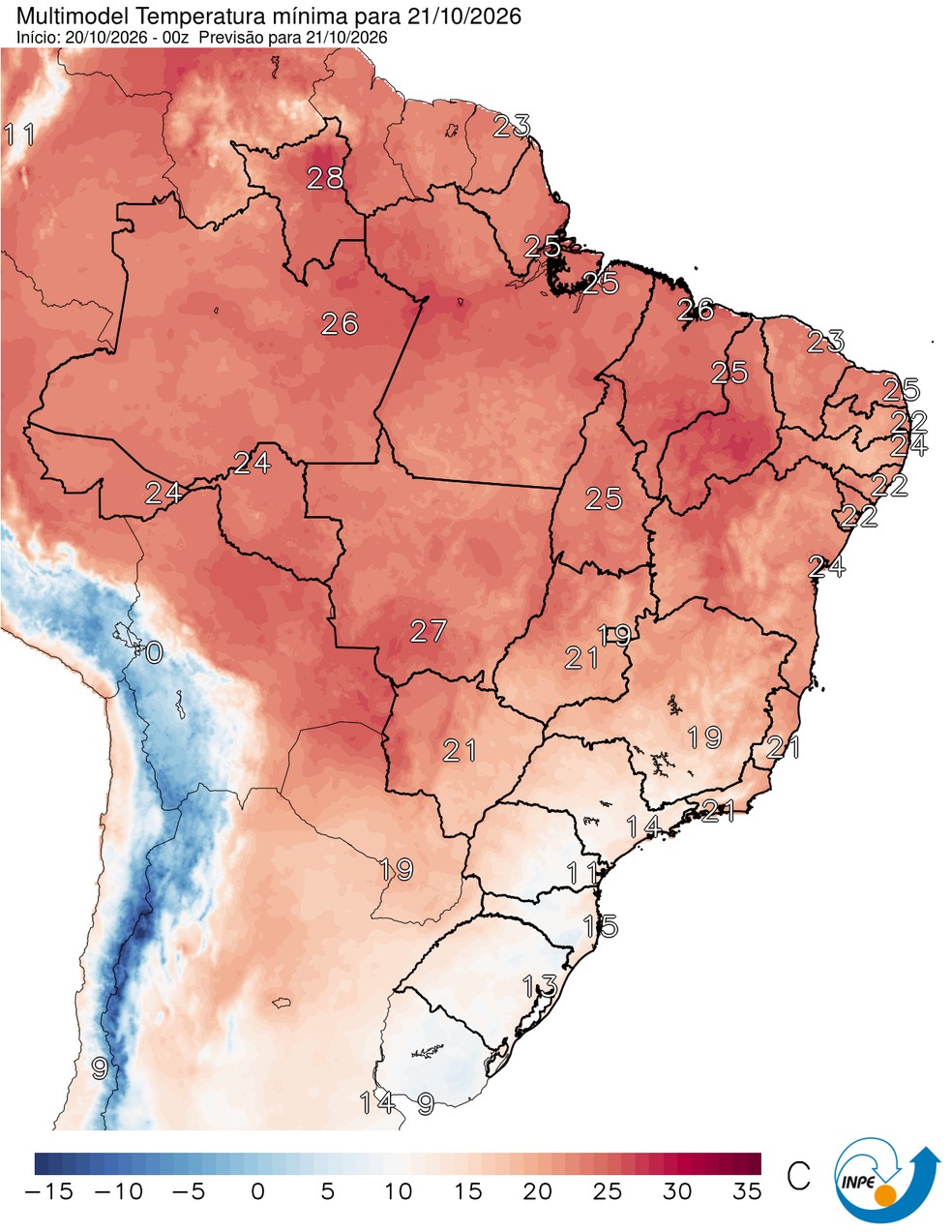 Temperaturas mínimas previstas para esta quarta (21/10) em todo o Brasil. — Foto: CPTEC/Inpe