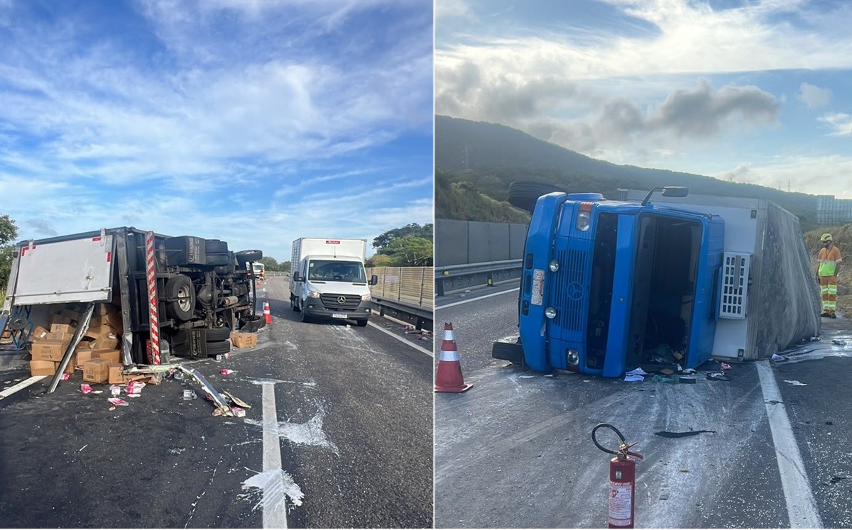 Caminhão carregado de laticínios tomba na Via Lagos e deixa motorista ferido em São Pedro da Aldeia