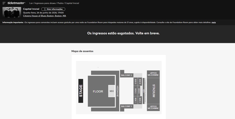 O site da Ticketmaster, responsável pela venda dos ingressos, informa que os shows estão esgotados. — Foto: Site da ticketmaster