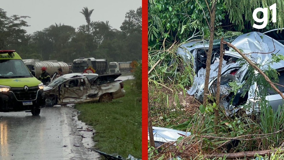 o acidente envolveu um caminhão e dois carros de passeio e ocorreu após uma colisão de grande impacto. — Foto: Reprodução