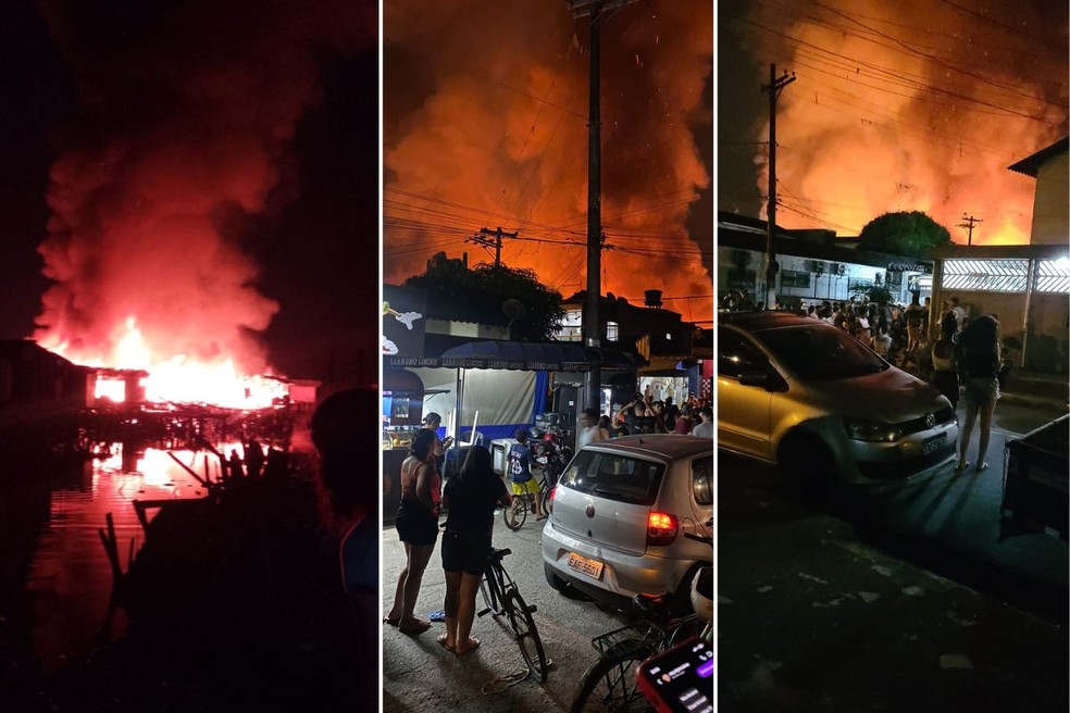 Fogo consome barracos na Zona Noroeste em Santos, SP, e assusta comunidade no Rádio Clube — Foto: Reprodução