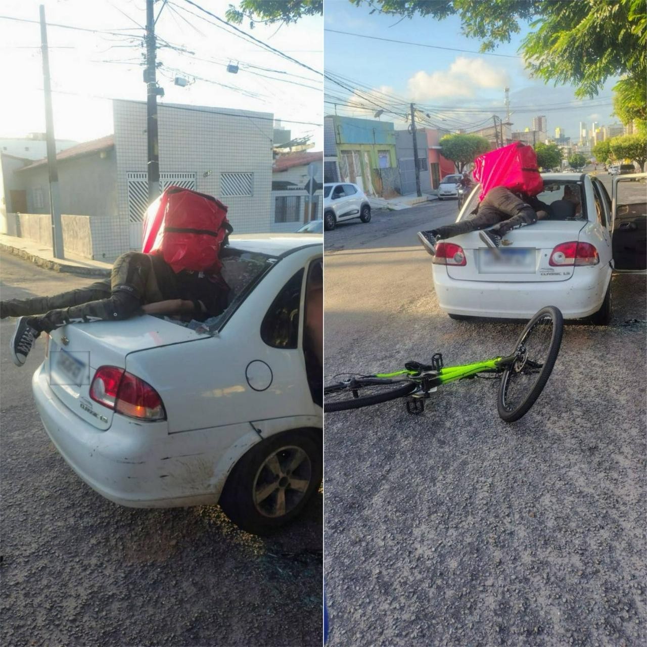 Ciclista fica imóvel após 'entrar' no vidro traseiro de carro em acidente em Natal