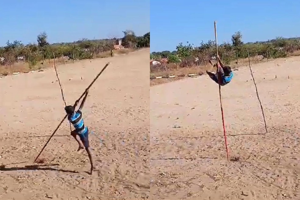 Garoto de 13 anos viraliza ao treinar salto com vara com materiais improvisados — Foto: Arquivo pessoal