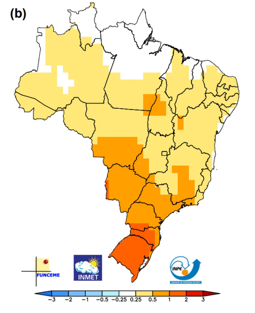 Previsão de temperatura acima ou abaixo do normal para abril, maio e junho de 2026, com base em modelos climáticos. — Foto: INMET/CPTEC/INPE/FUNCEME