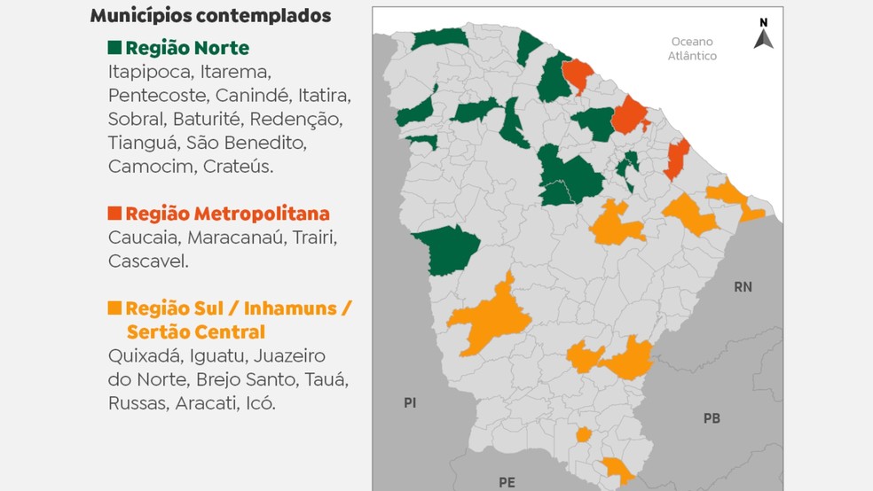 Infográfico do governo estadual mostra onde patrulhas atuarão. — Foto: Reprodução/Governo do Ceará