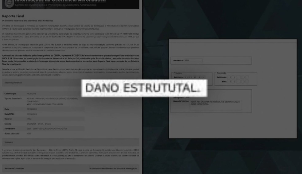 Relatório aponta dano estrutural em aeronave ocorrido em março — Foto: TV Globo/Reprodução