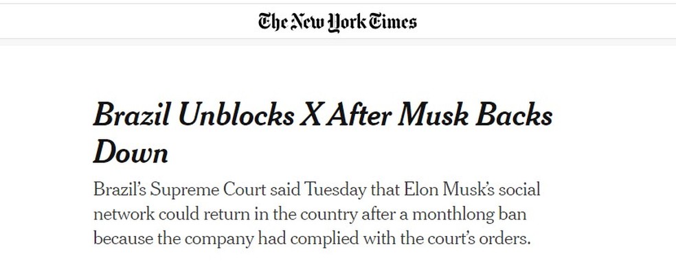 Repercussão do desbloqueio do X no The New York Times — Foto: Reprodução