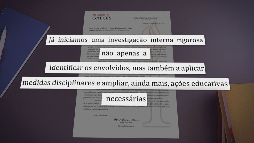 O Colégio Galois, em nota, diz que iniciou a investigação interna rigorosa. — Foto: Reprodução/TV Globo