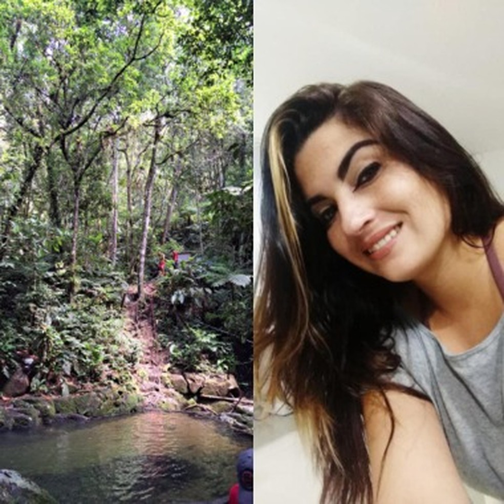 Mulher morreu afogada ao mergulhar em cachoeira de trilha — Foto: Montagem: Corpo de Bombeiros/Redes sociais/Divulgação
