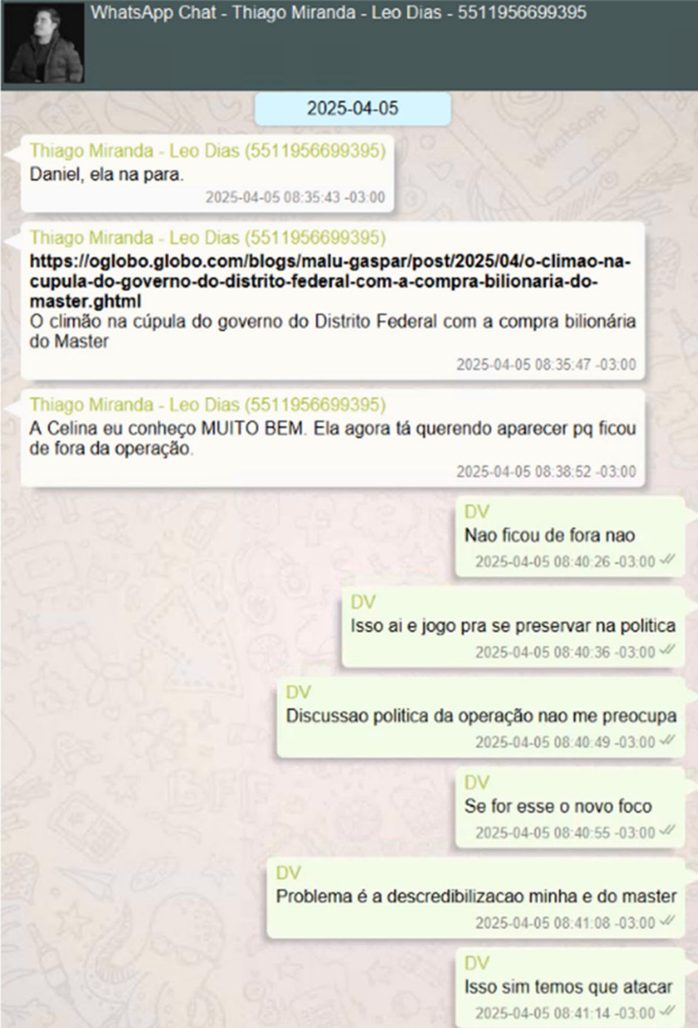 Conversa entre Daniel Vorcaro e Thiago Miranda sugere que Celina Leão 'não ficou de fora' de negociações entre BRB e Banco Master — Foto: Polícia Federal/Reprodução