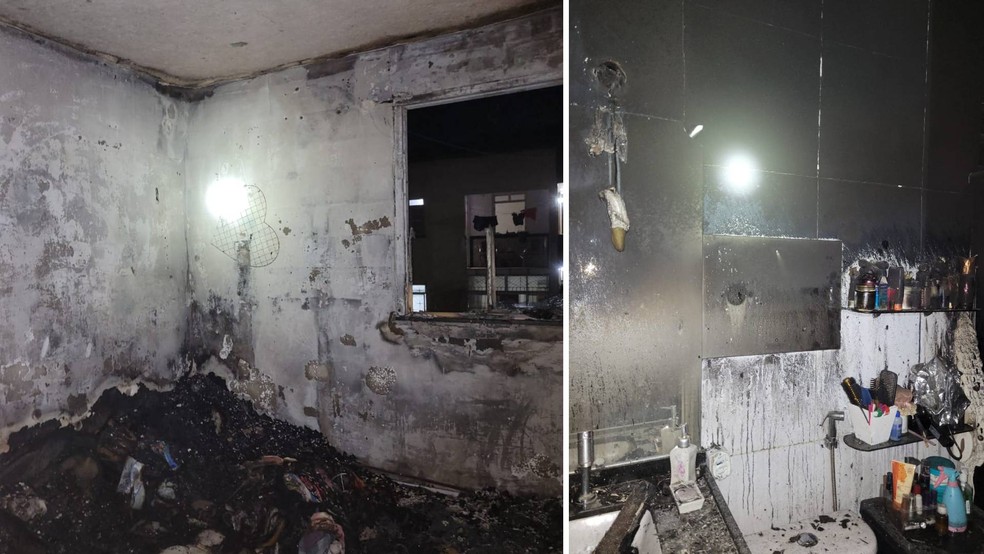 Quarto (à esquerda) e banheiro (à direita) foram atingidos pelo fogo que iniciou em ventilador — Foto: Reprodução