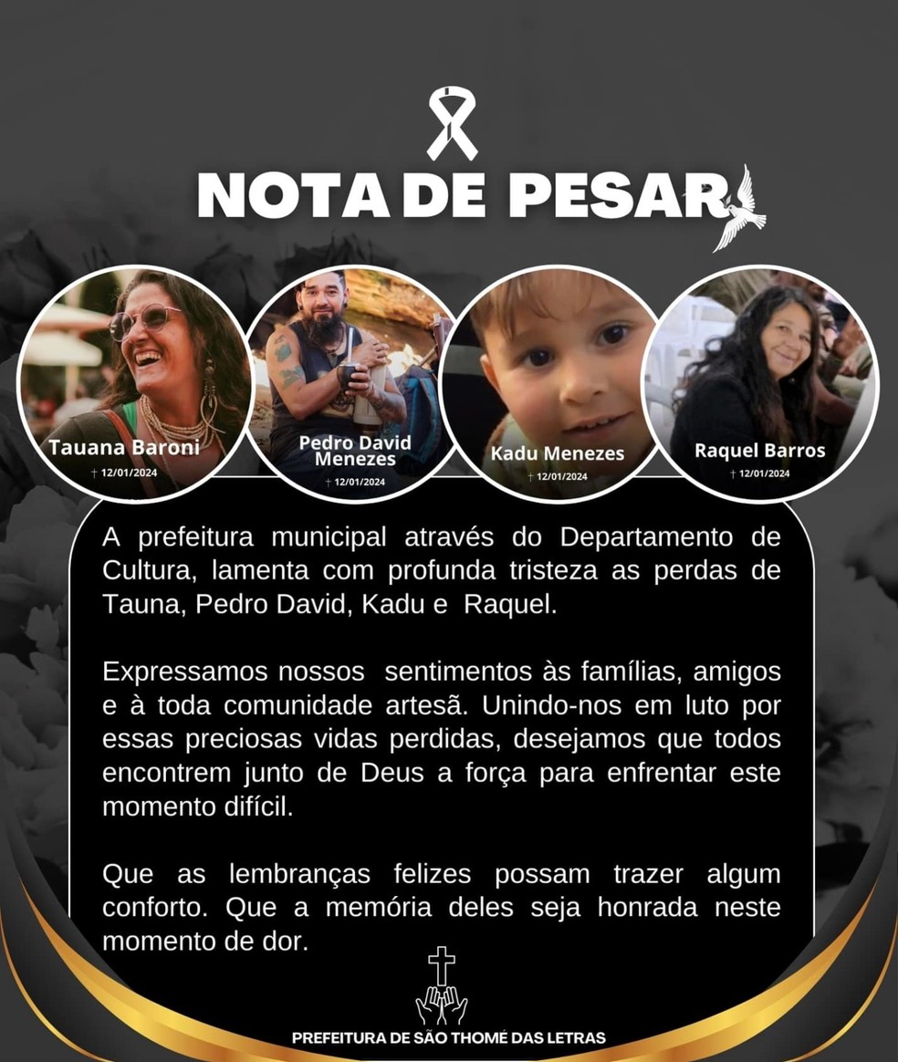 Nota de pesar da Prefeitura de São Thomé das Letras — Foto: Facebook/Reprodução