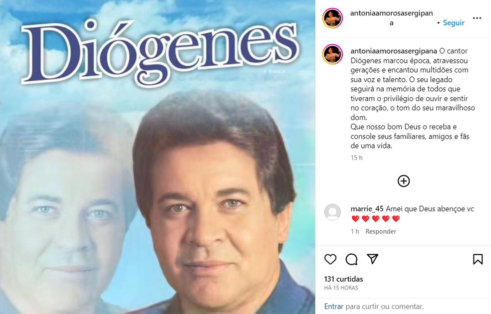 Cantor Di&oacute;genes morre em Sergipe &mdash; Foto: Reprodu&ccedil;&atilde;o/redes sociais