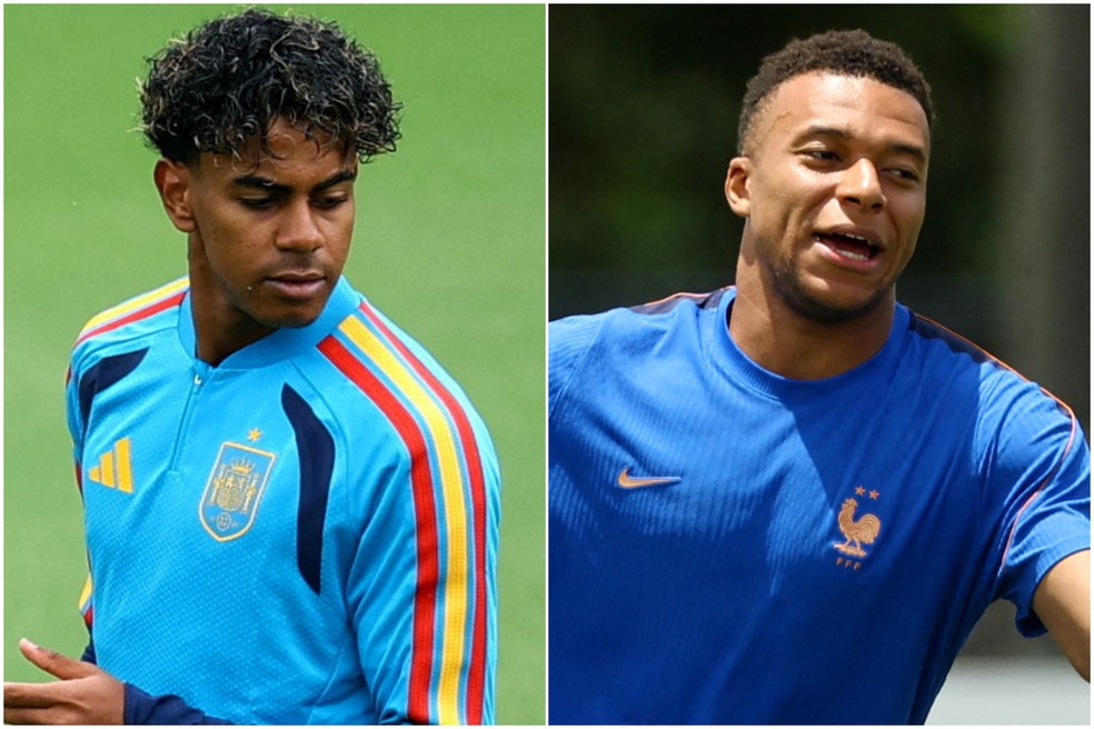 Lamine Yamal, da Espanha, e Kylian Mbappé, da França — Foto: REUTERS/Albert Gea e REUTERS/Kai Pfaffenbach
