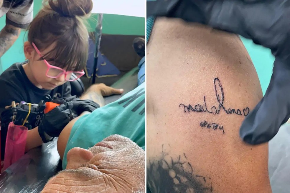 Madalena tatuando o avô Luiz Fernando, de 56 anos — Foto: Arquivo pessoal