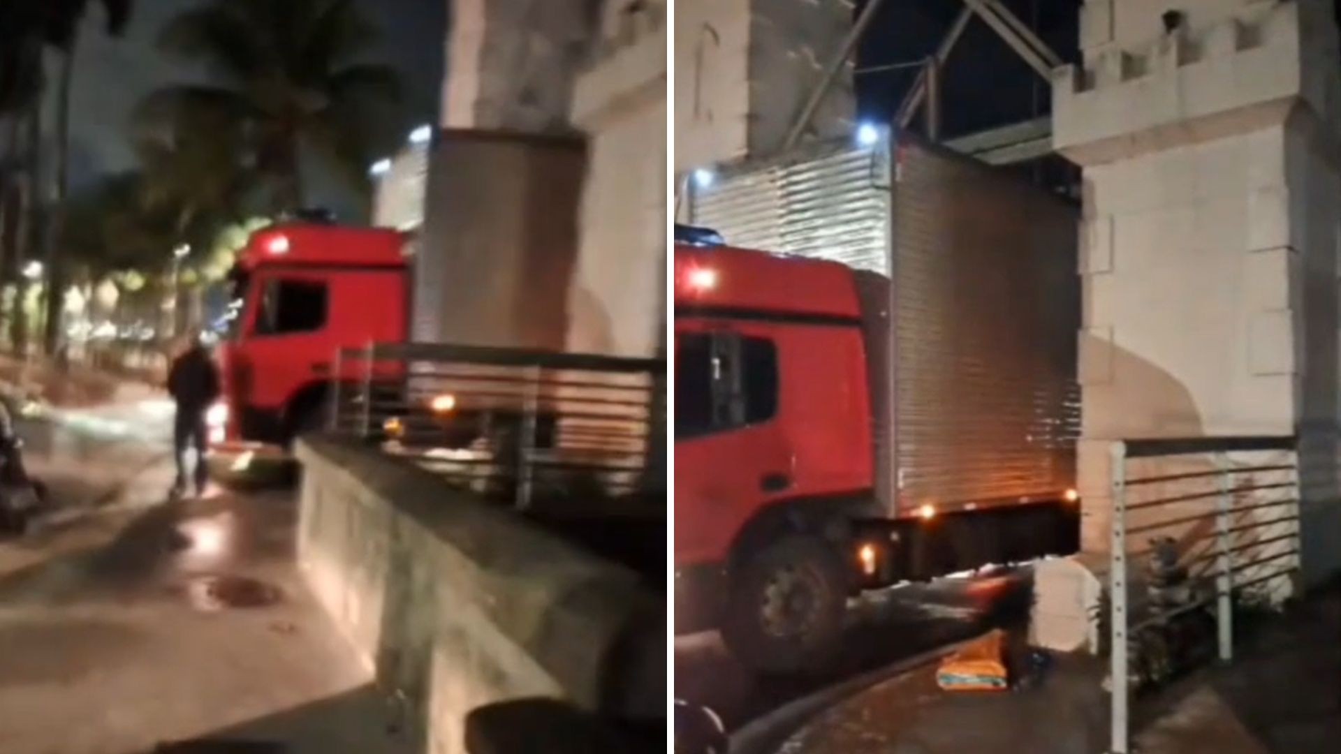 Caminhão 'entala' na Ponte Pênsil e tem pneus furados para remoção; VÍDEO