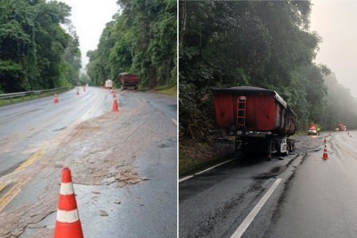 Carreta carregada com 35 mil kg de enxofre a granel pega fogo na rodovia Pe. Manoel da Nóbrega, SP 