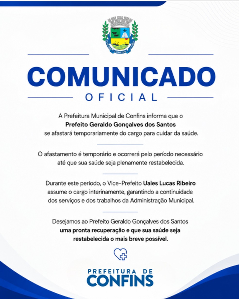 Nota de afastamento do prefeito de Confins, divulgada em 24 de junho. — Foto: Redes sociais