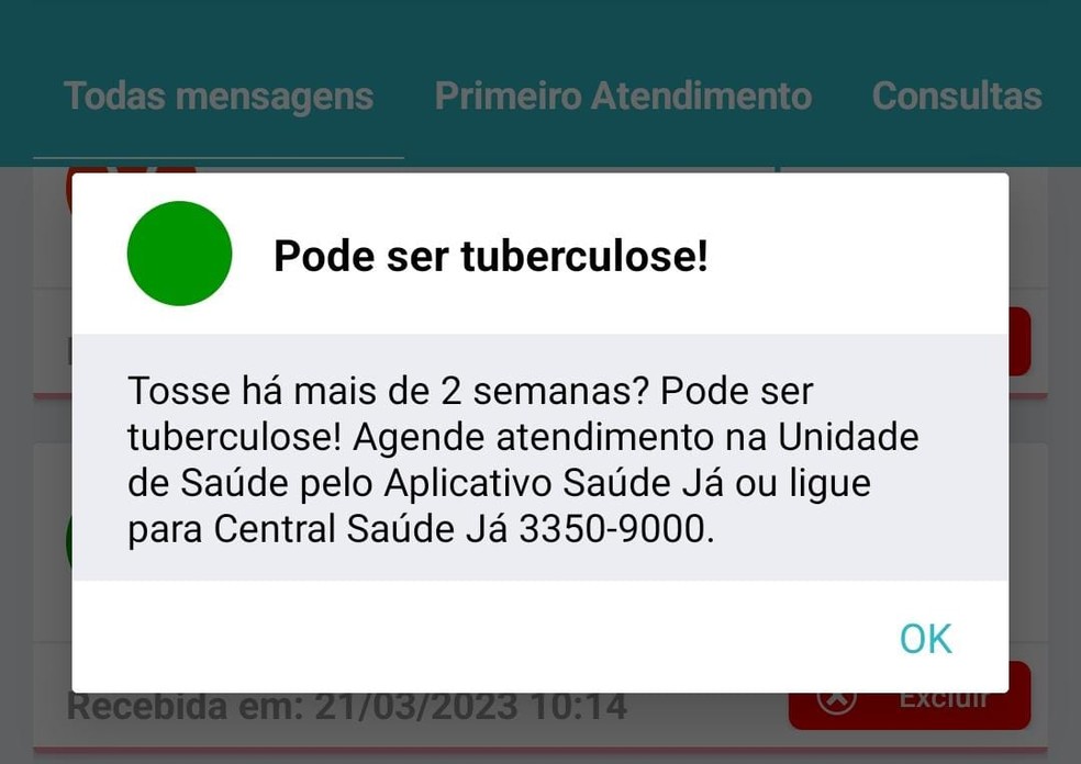 Exemplo de notificação enviada pelo aplicativo Saúde Já — Foto: Reprodução