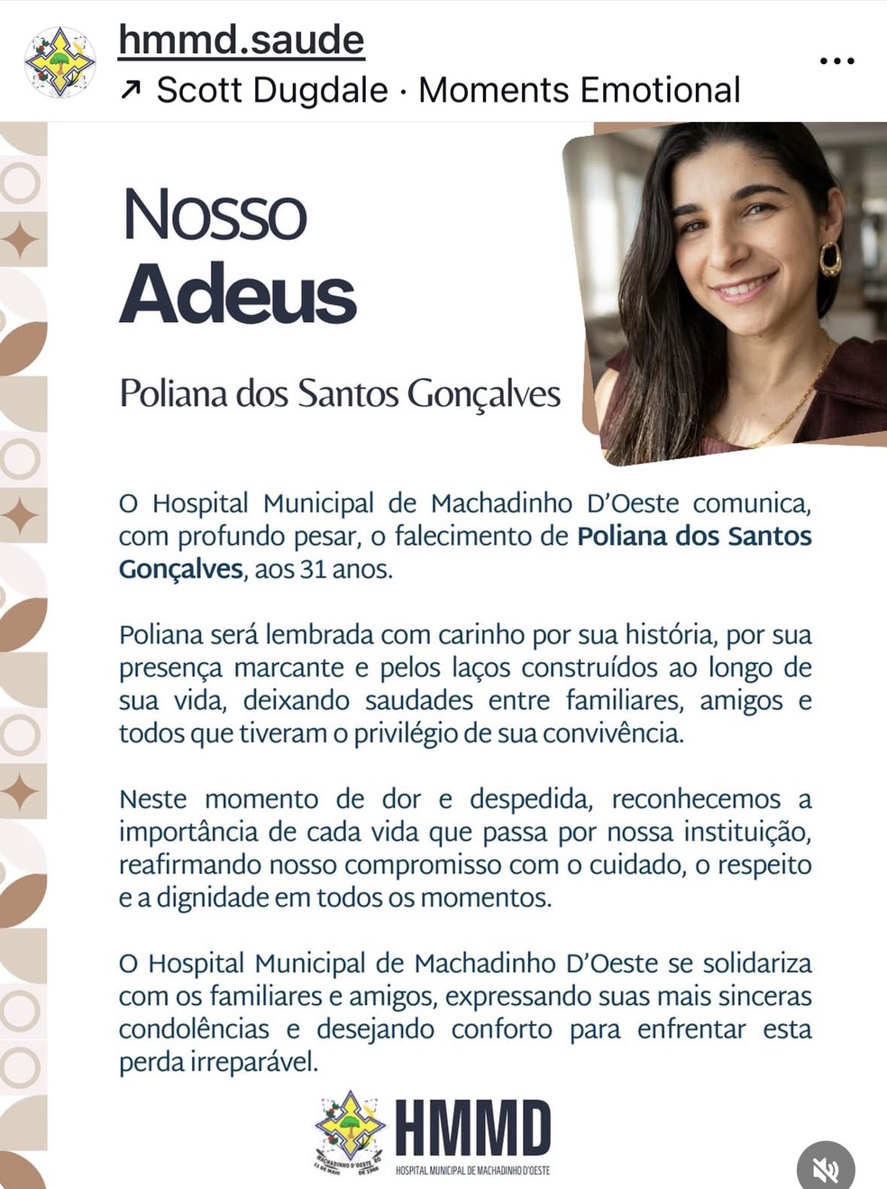 Nota de pesar do Hospital Municipal de Machadinho D'Oeste &mdash; Foto: Reprodu&ccedil;&atilde;o Instagram