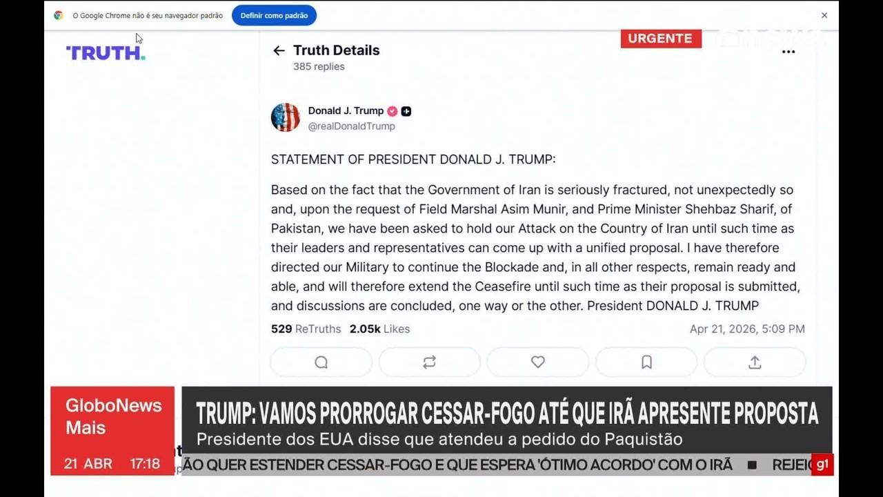 Trump mantém bloqueio marítimo contra Irã e prorroga cessar-fogo