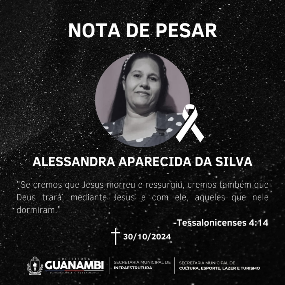 Prefeitura de Guanambi lamentou a morte de Alessandra e prestou condolências para familiares e amigos. — Foto: Reprodução/Redes Sociais