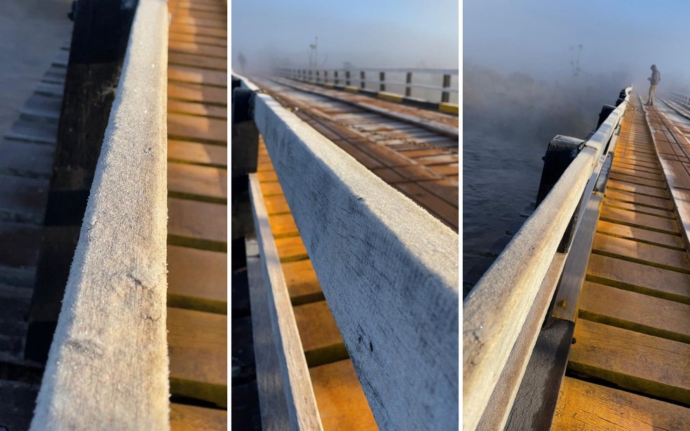 Imagem mostra ponte congelada após cidade registrar 2°C, em Goiás — Foto: Arquivo pessoal/Phablo Araújo