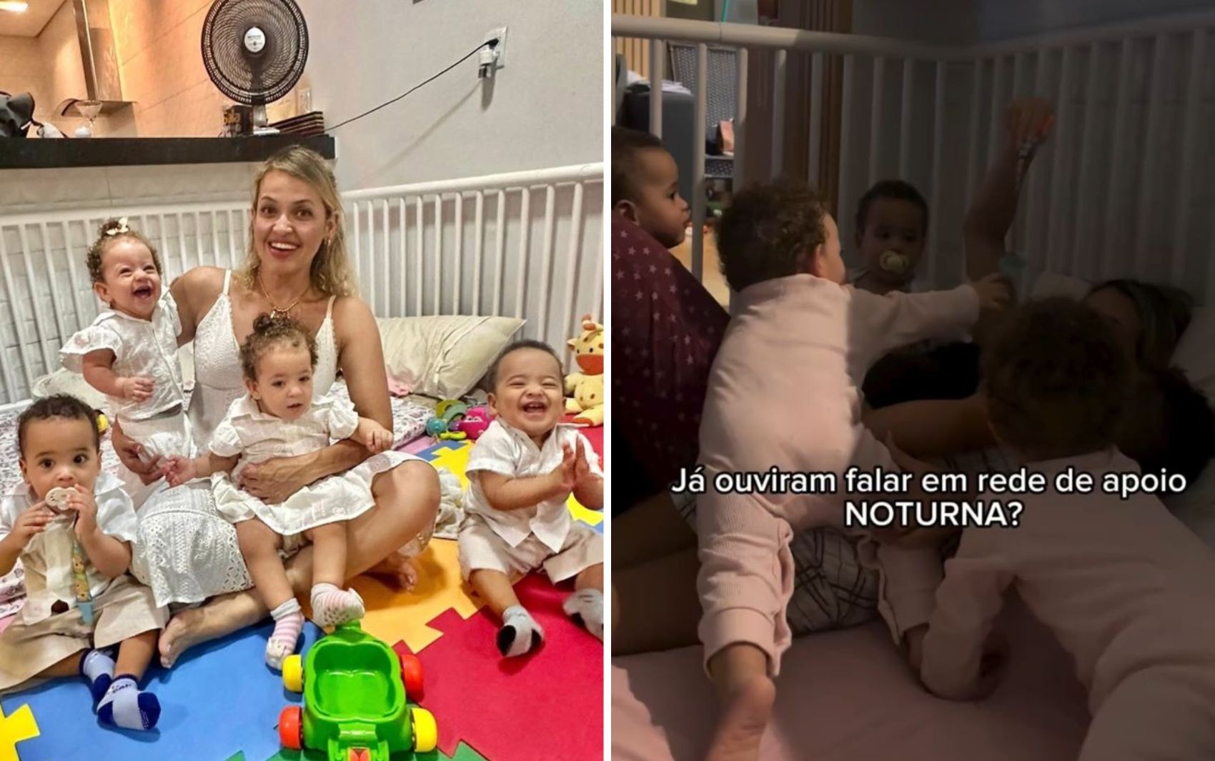 Mãe de quadrigêmeos encanta a web ao mostrar rotina de amigas que a ajudam no 'plantão noturno'