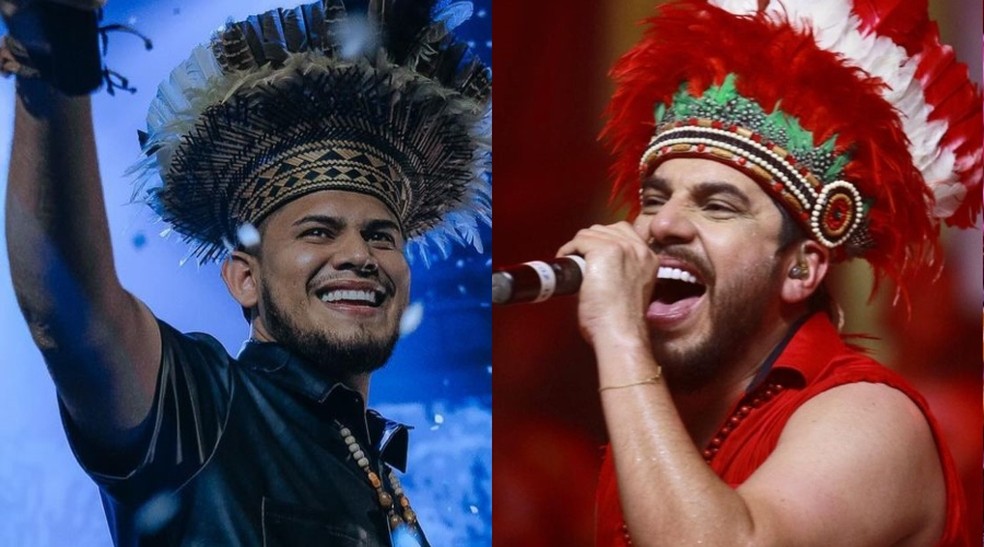 Levantadores de Toadas dos bois-bumbás, Patrick Araújo (Caprichoso) e Sebastião Júnior (Garantido) — Foto: Raphão Produções / Divulgação