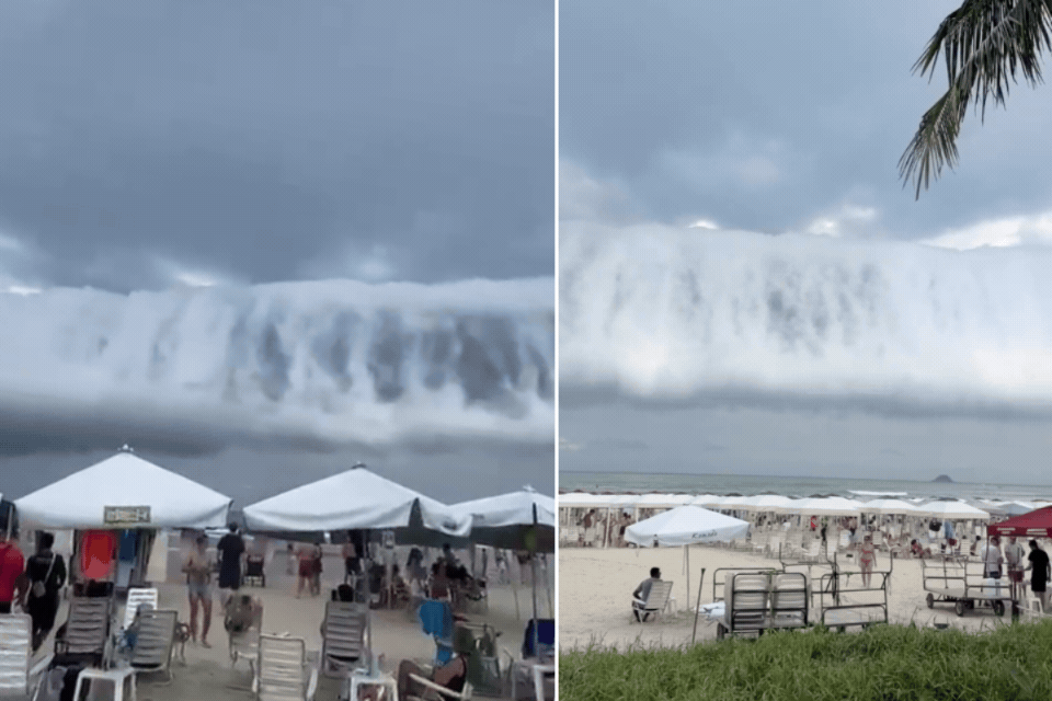 Nuvem com formato de 'tsunami' chama atenção de banhistas no litoral de SP; VÍDEO 