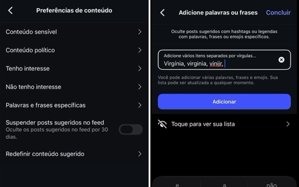 Imagens do tutorial que ensina a bloquear palavras e frases específicas — Foto: Reprodução/Letícia Soraggi