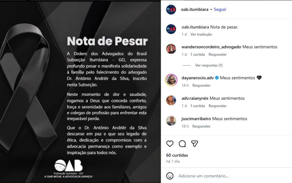 Nota de pensar da OAB — Foto: Divulgação/Instagram OAB de Itumbiara